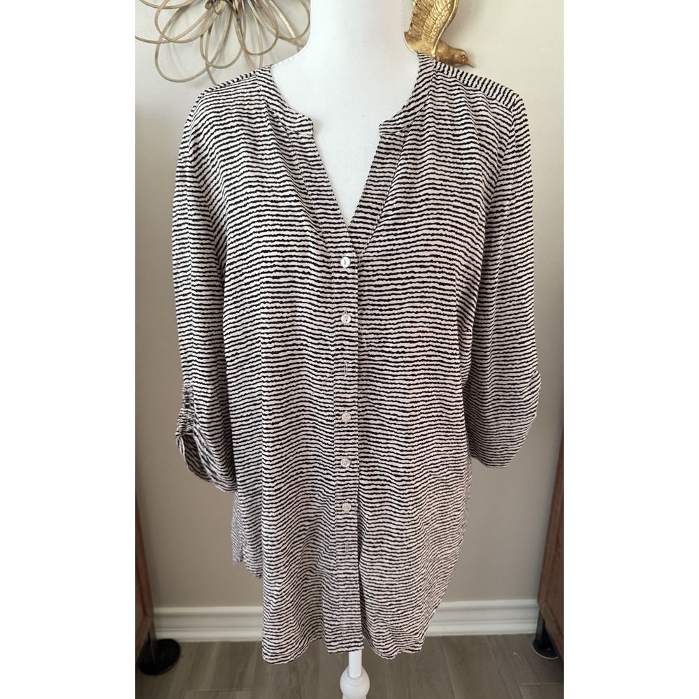 FDJ‎ French Dressing Womens 10 Stripe Button Blouse Roll Tab Sleeve Tunic